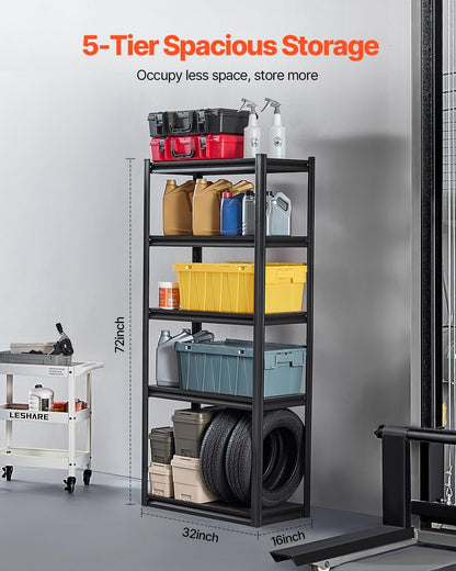 Opbergrek – Garagerek – Steekrek – Kelderrek – Werkplaatsrek – 5 Niveaus, Zwart – Draagkracht 907 Kg