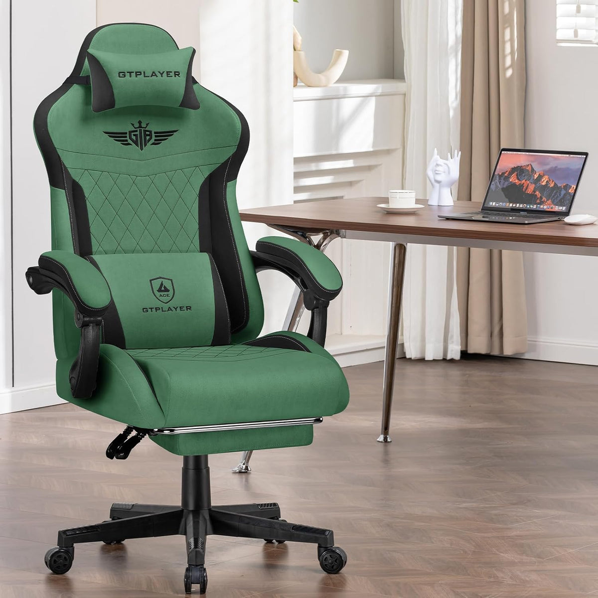 GTPLAYER Ergonomic Gaming Chair, Technical Fabric, with Lumbar Support, Computer Chair with Extended Backrest, Supports up to 150kg, Green - QUORE