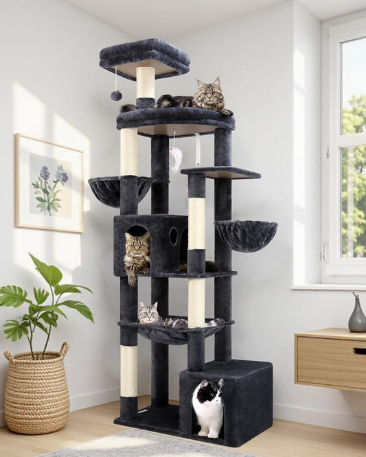Globlazer cat tree xxl 194cm high with 2 Large Cat House, Hammock 50 * 40CM, Platform Lined Large, 2 Basket, Seat Rod, Huge Scratching Post for 3-5 Large Cats Rest Play Indoor (S76B, Dark grey) - QUORE