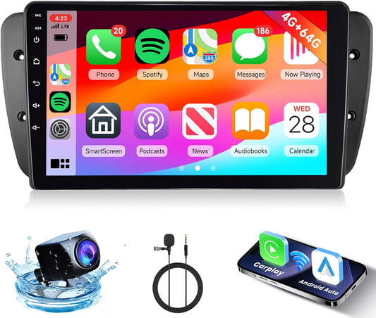 Hodozzy car radio 4G+64G for Seat Ibiza MK4 6J 2009-2013 with Carplay, Android Auto, Mirror Link, 9" GPS, Bluetooth, WiFi, 32EQ/DSP FM/RDS, camera - QUORE
