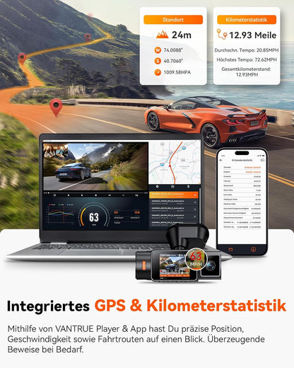 VANTRUE N2X 2,7K+1080P dashcam auto-interieur, STARVIS 2 Dual HDR nachtzicht dashcam, 2,5K/60FPS voorkant, GPS, WiFi, app en stembediening, 2″ 323° dashcam 24/7 parkeermodus, G Sensor, maximaal .512G