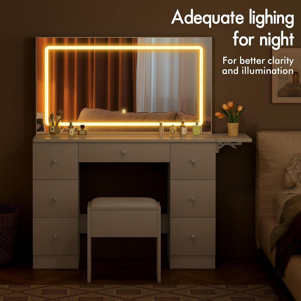 Make-uptafel – Kaptafel – Make-up Meubel – Schminktafel – Make-up Bureau – 7 Laden Opbergruimte – 3 Kleurverlichting Met USB & Stopcontact