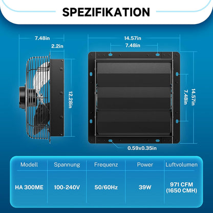 Industriële Afvoerventilator – Wandafzuigventilator – Afzuigventilator – Wandventilator – Ventilator – 300 Mm – 1650 M³/U – 10 Snelheidsstanden