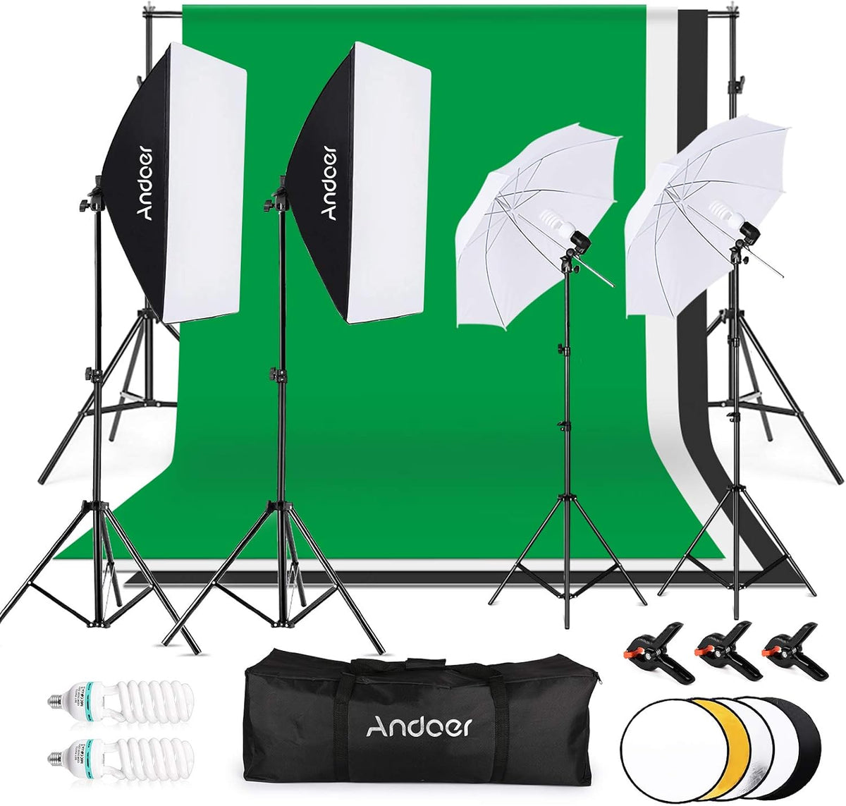 Fotostudioset – Fotostudioverlichtingsset, Achtergrondset, Softboxset, Studiolichtset – Met 3 Achtergrondkleuren Zwart, Wit En Groen – 1,8 X 2,8 M Achtergrondsteun – 2 Softboxen 50 X 70 Cm En 5-In-1 Reflector