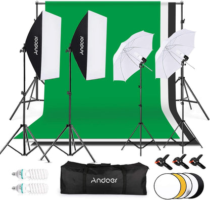 Fotostudioset – Fotostudioverlichtingsset, Achtergrondset, Softboxset, Studiolichtset – Met 3 Achtergrondkleuren Zwart, Wit En Groen – 1,8 X 2,8 M Achtergrondsteun – 2 Softboxen 50 X 70 Cm En 5-In-1 Reflector
