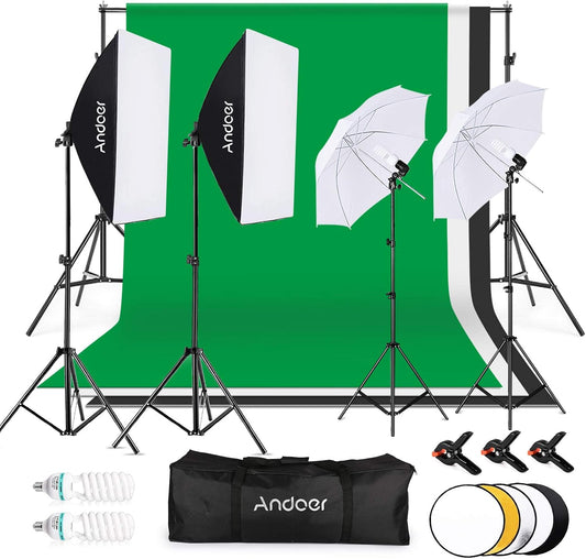 Fotostudioset – Fotostudioverlichtingsset, Achtergrondset, Softboxset, Studiolichtset – Met 3 Achtergrondkleuren Zwart, Wit En Groen – 1,8 X 2,8 M Achtergrondsteun – 2 Softboxen 50 X 70 Cm En 5-In-1 Reflector