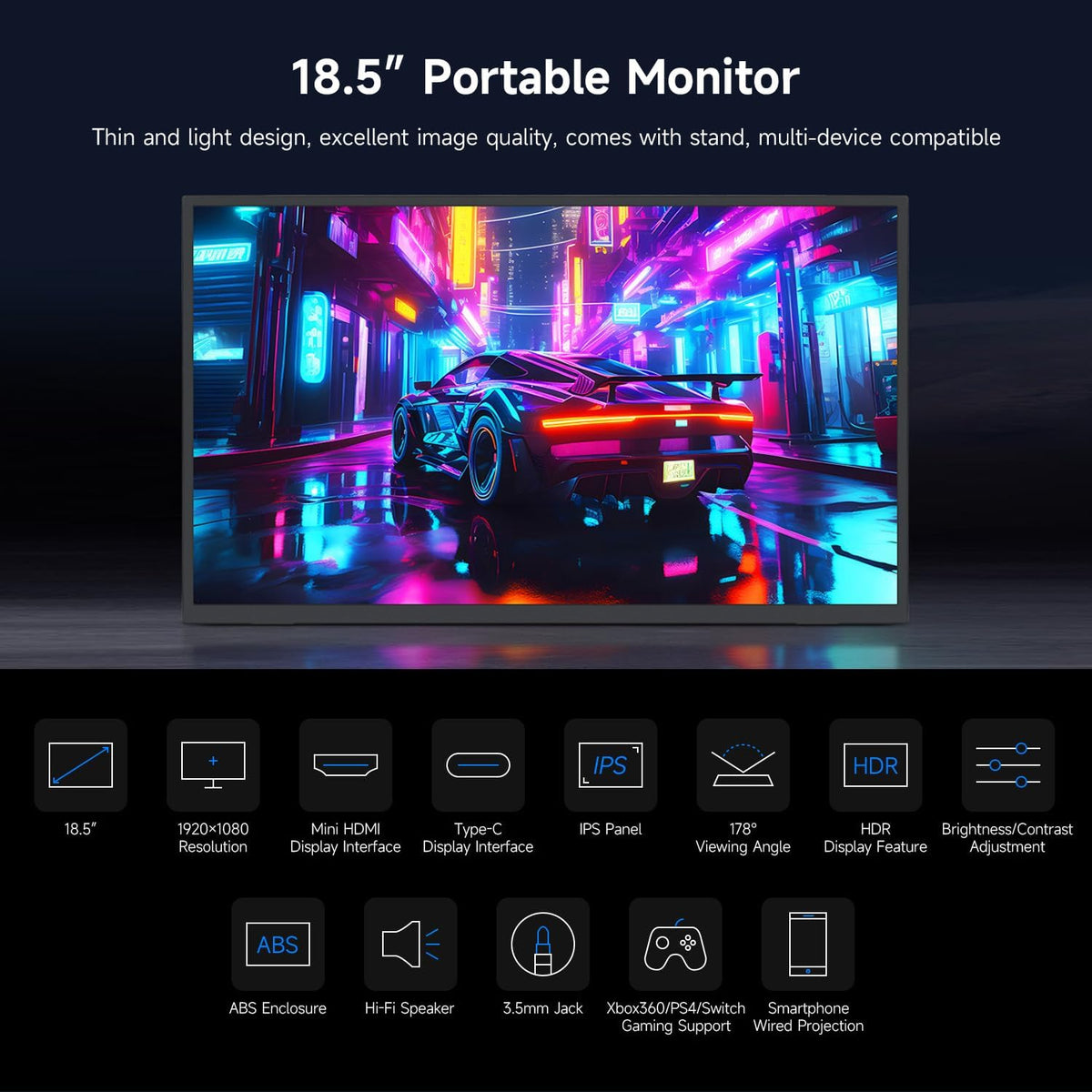 LUCKFOX 18.5" Portable Monitor with Stand - Plug and Play Ultra Thin/Light USB-C HDMI Second Monitor 1080P FHD 178° Viewing 120Hz Dual-Track HiFi Speaker for Raspberry Pi/Jetson/PC/Game Console/Phone - QUORE