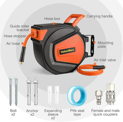 ValueMax Persluchtslanghaspel, slanghaspel automatisch, slang 15 m + 1,5 m, 1/4" aansluiting, 180° schenkbaar, slanghaspel intrekbare luchtslanghaspel max. 300 psi/20 bar