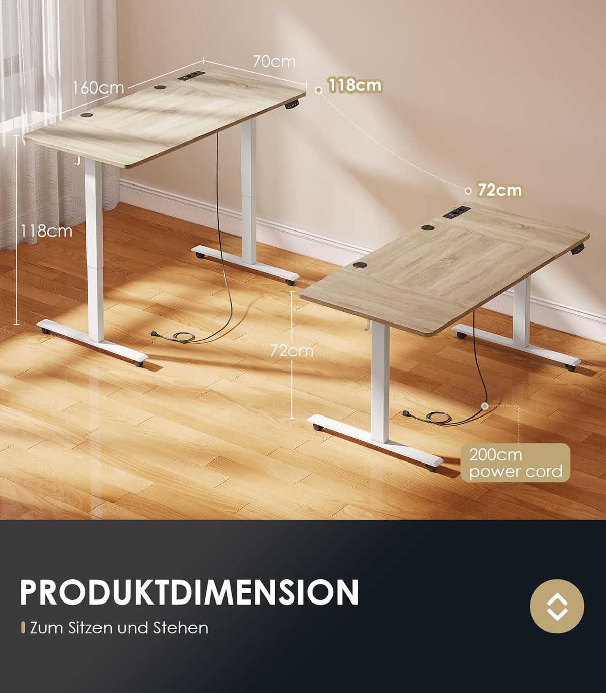 OffiGo Height Adjustable Desk, 160cm Electric Desk with USB, Adjustable Desk with 2 Memory Functions, Desk for Office, Home, Gaming, Beige - QUORE