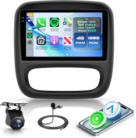 4G+128G 9" Android Car Radio for Renault Trafic, Opel Vivaro B, FIAT Talento, Nissan NV300, Wireless CarPlay Stereo with Android Auto, Navigation, GPS, Mirror Link, Bluetooth, FM/RDS/EQ, WiFi, SWC and - QUORE
