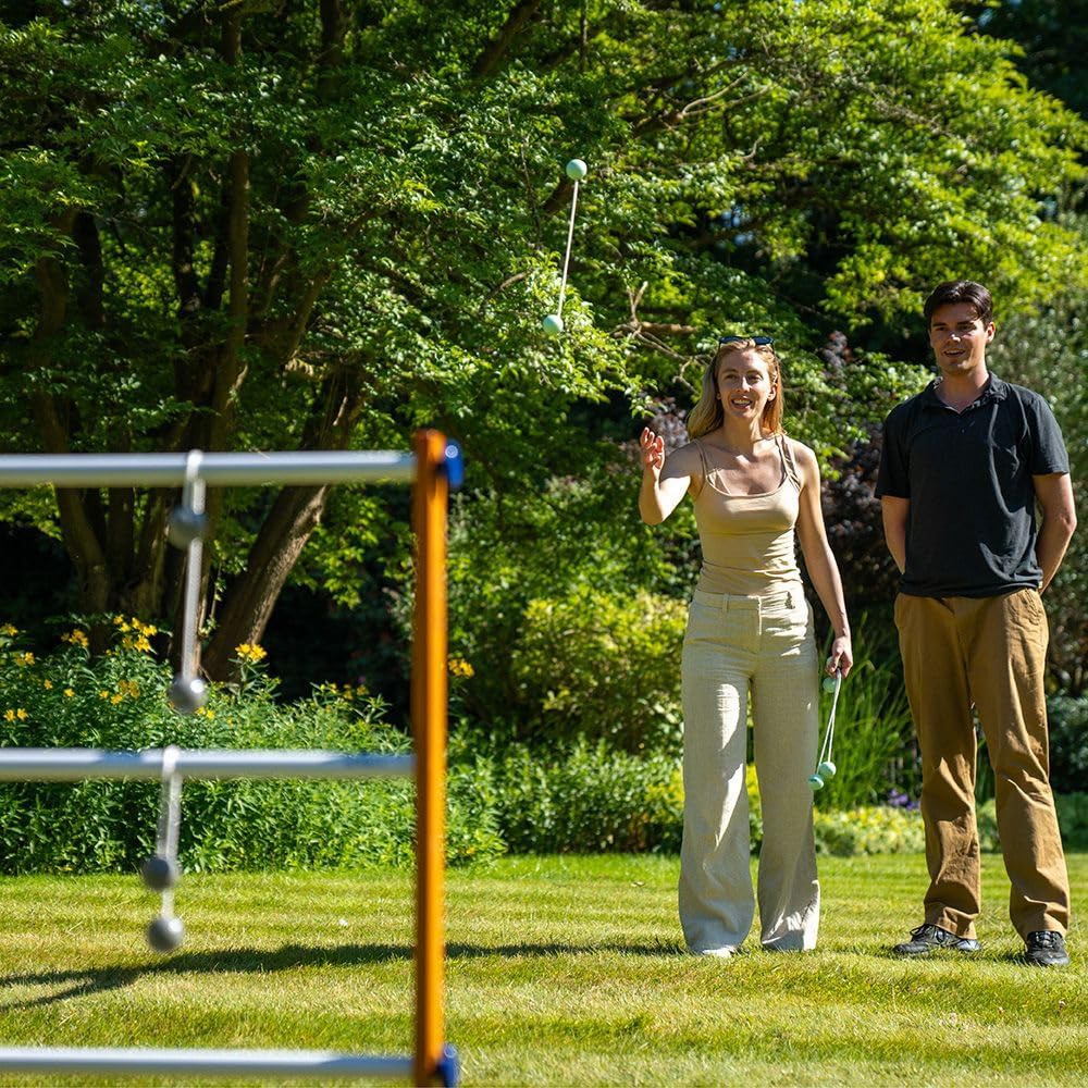 Uber Games Ladder Golfspeelset, hoogwaardig ladder-tuinspel van rubberhout, 12 bolas-ballen van echt goud, draagtas en opbergtas van zeildoek