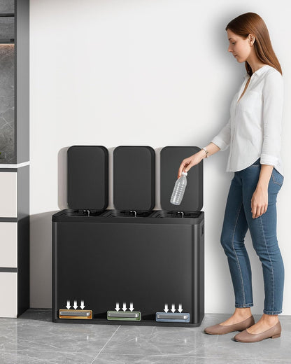 Hzuaneri Garbage Separation System for Kitchen, 3 Compartments, 45L (3 x 15 L), Stainless Steel Kitchen Waste Bin, Pedal Bin with Colour-Codable Pedals, Waste Bin, Quiet Slow Descent, Black