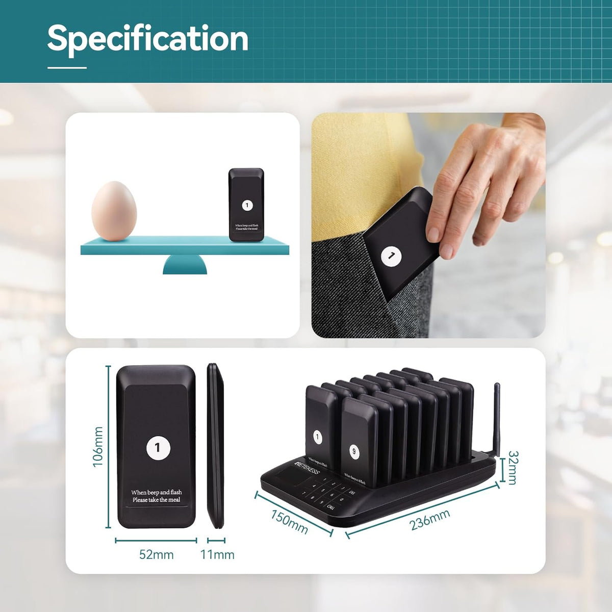 Retekess TD157 Pager Systeem, Oproepsysteem Restaurant, 16 Pagers, 300 mAh 20H, 2 Oproepmodi, Gemakkelijk te Gebruiken, Waterdicht Aanraaktoetsenbord, Semafoonsysteem voor Bar, Ziekenhuis, Hotel
