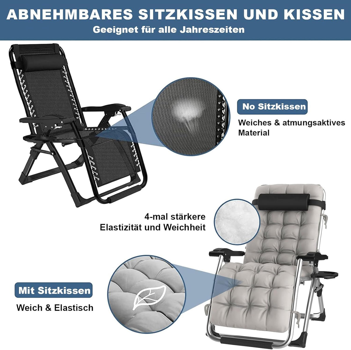 Ligstoel, inklapbaar zonnebed, ligstoel voor lunchpauze met verstelbare rugleuning, extra brede tuinstoel met kussen, voor patio, tuin, strand, zwembad, belastbaar 240 kg, grijs, 83
