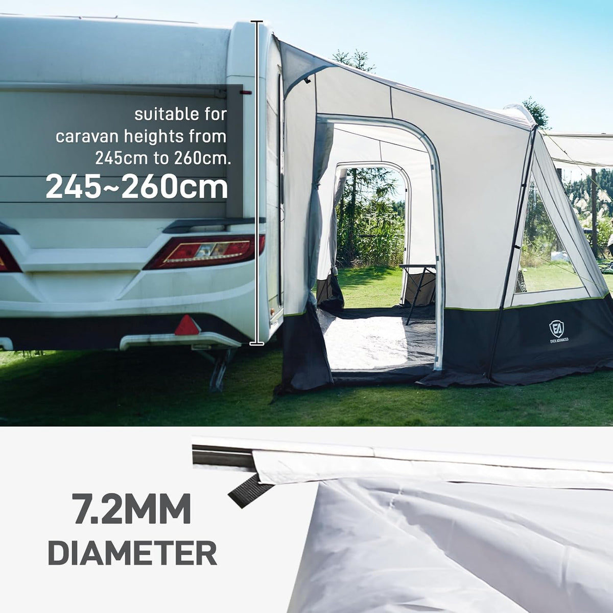 EVER ADVANCED voortent caravan 350x260x245cm voor camper met 2 ramen zijdeur, grotere deur dan dak, reisvoortent PU 3000mm waterdicht geschikt voor reizen, familie samen, kamperen