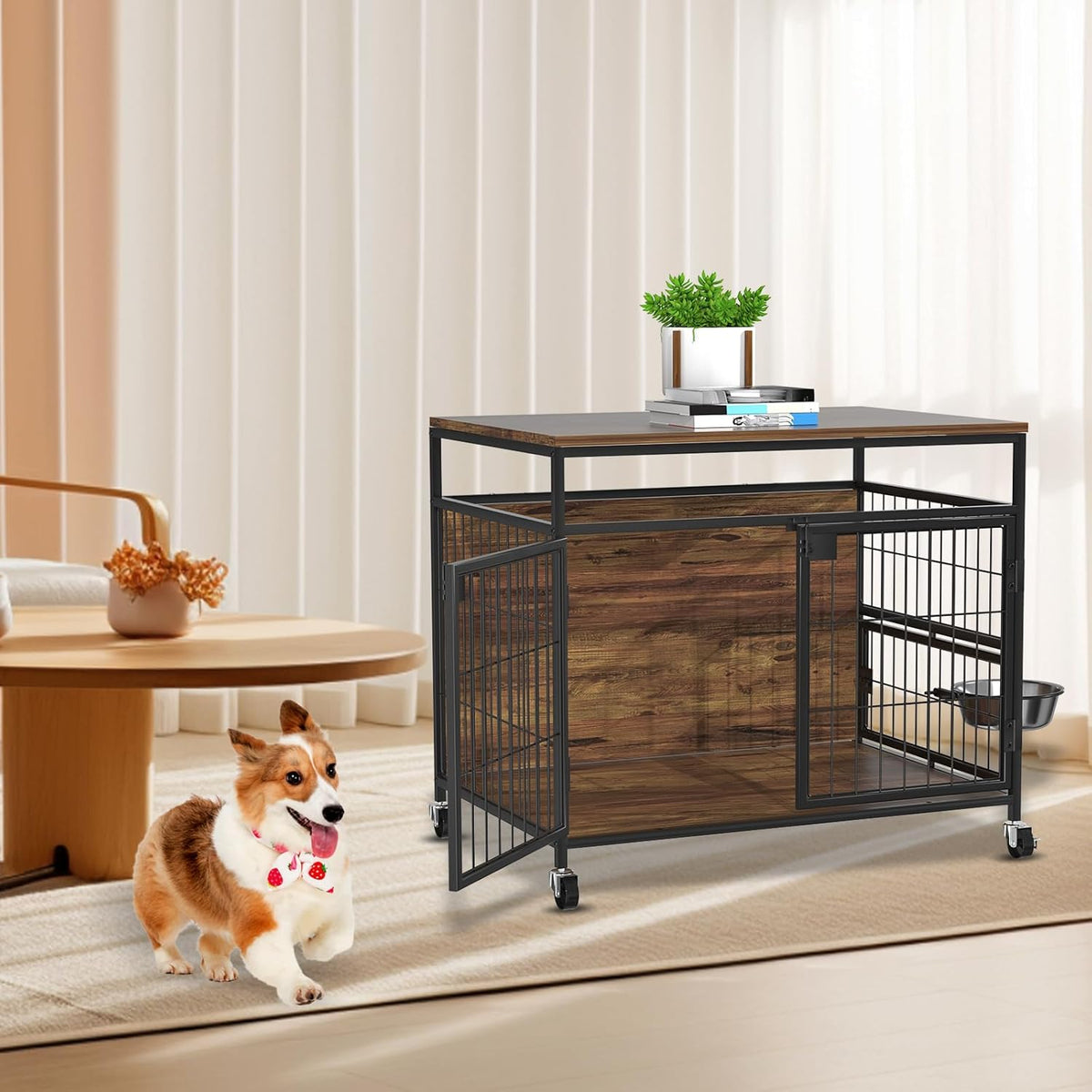 Hondenkooi met wielen, robuuste bijzettafel van hout, hondenbox voor binnen voor kleine, middelgrote honden, dubbele deuren en 360 graden draaibare roestvrijstalen bak, 78,9 cm l x 54,8 x 69,8 H
