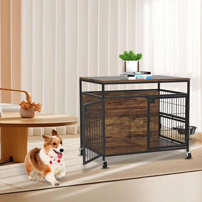 Hondenkooi met wielen, robuuste bijzettafel van hout, hondenbox voor binnen voor kleine, middelgrote honden, dubbele deuren en 360 graden draaibare roestvrijstalen bak, 78,9 cm l x 54,8 x 69,8 H