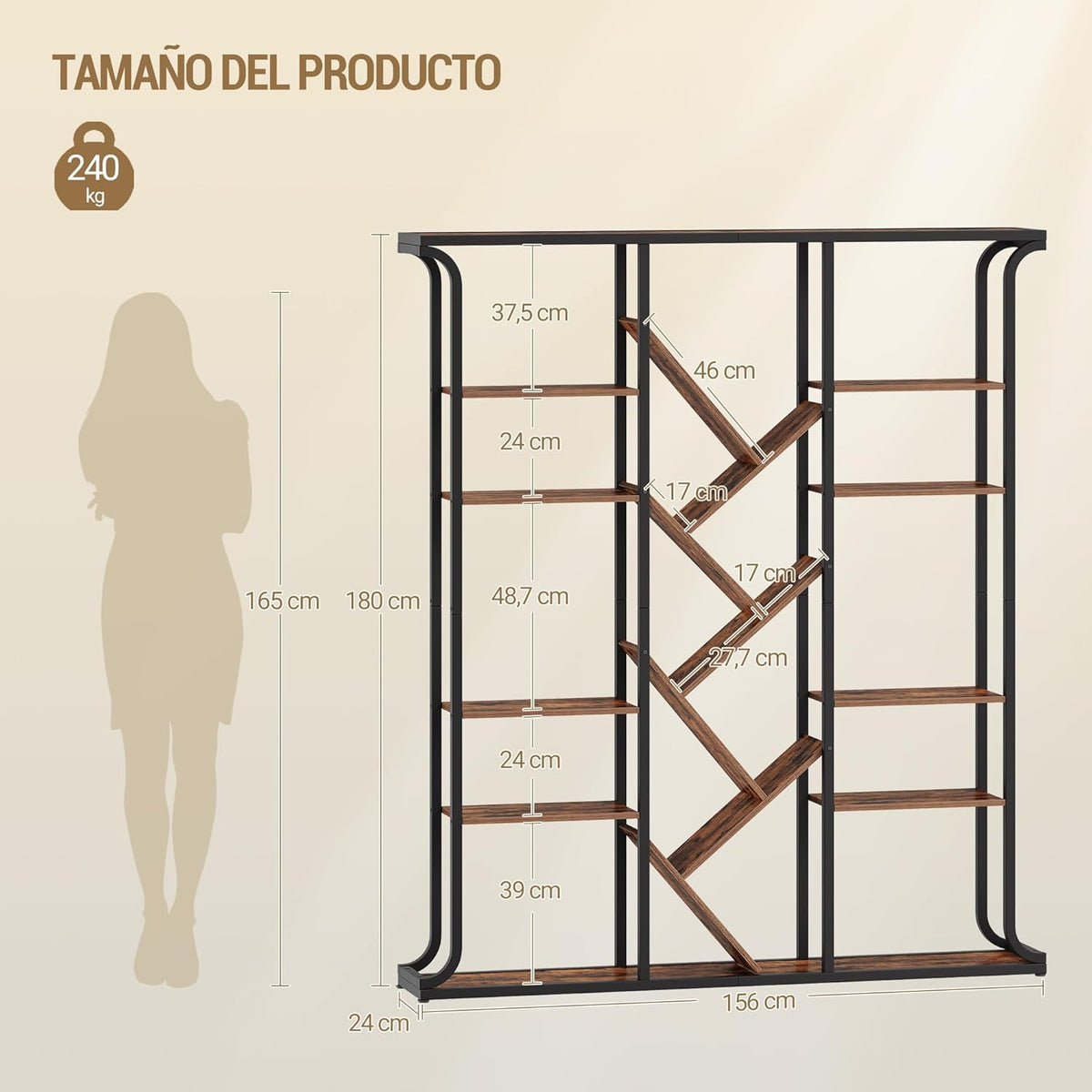 Hzuaneri BC53201B Bookcase, 3 Columns, 6 Animals, Tree-Shaped Bookcase, 17 Compartments, Open Independent Shelves, for Home Office, Bedroom, Living Room, 24 x 156 x 180 cm, Vintage Brown-Black