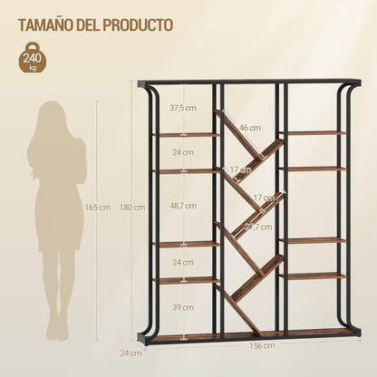 Hzuaneri BC53201B Bookcase, 3 Columns, 6 Animals, Tree-Shaped Bookcase, 17 Compartments, Open Independent Shelves, for Home Office, Bedroom, Living Room, 24 x 156 x 180 cm, Vintage Brown-Black