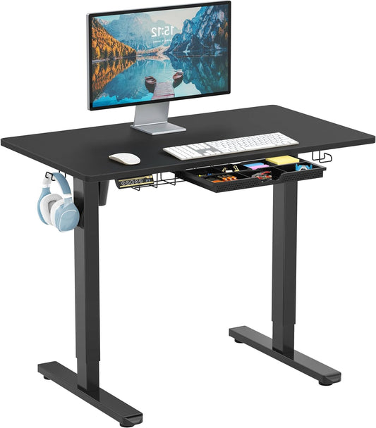 SHW 40" Electric Height Adjustable Standing Desk with Drawer, Preset Memory Tray and Cable Management Tray, Black - QUORE