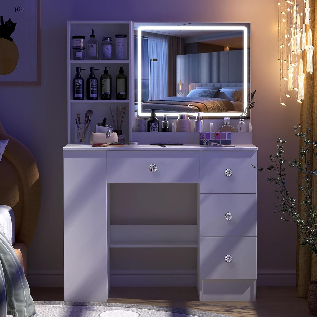 3-in-1 Kaptafel: Make-up, Bureau & Nachtkastje | Moderne Witte Kaptafel met Slimme LED Spiegel & 4 Lades