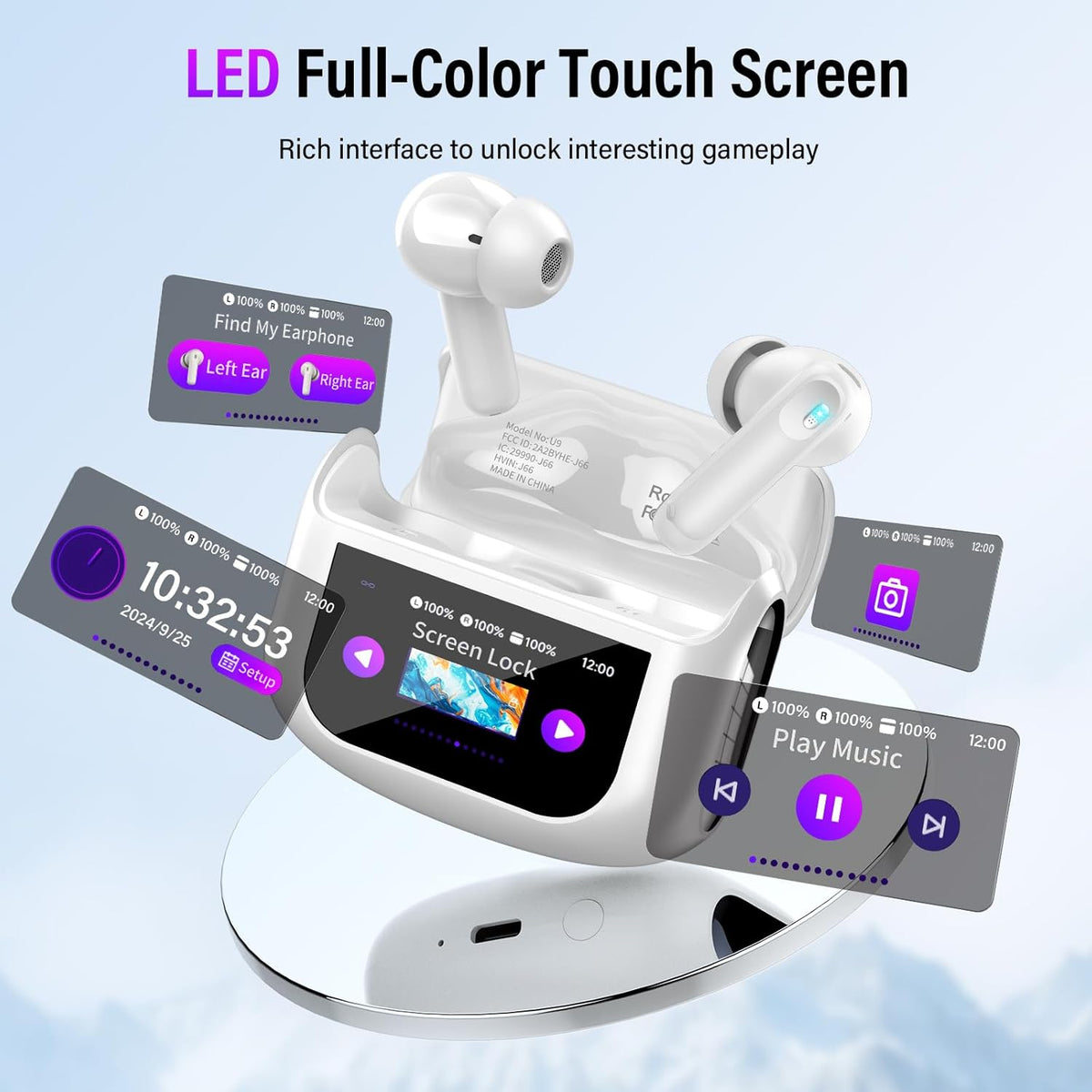 Touchscreen Bluetooth-hoofdtelefoon, in-ear hoofdtelefoon, draadloos, Bluetooth 5.4 met ANC + ENC ruisonderdrukkende microfoon, 48 uur diepe bas, oordopjes met 5 EQ-modi, IP7 waterdicht, wit