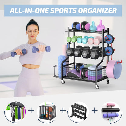 Mythinglogic Halterstandaard, multifunctioneel halterrek voor halters, yogamat, fasciarol, kettlebell en yogablok, gepoedercoat staal, met haken en wieltjes