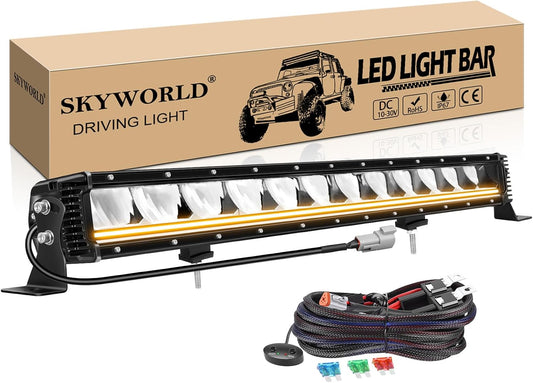 SKYWORLD Enkele rij led-lichtbalk, 23 inch 80W 8000LM Slanke led-balk met amberkleurige drl, anti-verblindings offroad rijlichtbalk met 12V kabelboom voor 4x4 vrachtwagens tractor SUV ATV UTV boot