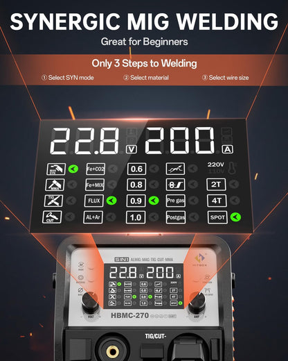 HITBOX Multifunctioneel Lasapparaat en Plasmasnijder Combo 200A 230V - MIG Puls Aluminium, MIG Gas, TIG HF, Plasma 40A, Beklede Elektrode, Punts lassen, Synergie, Groot Digitaal Display (HBMC270)