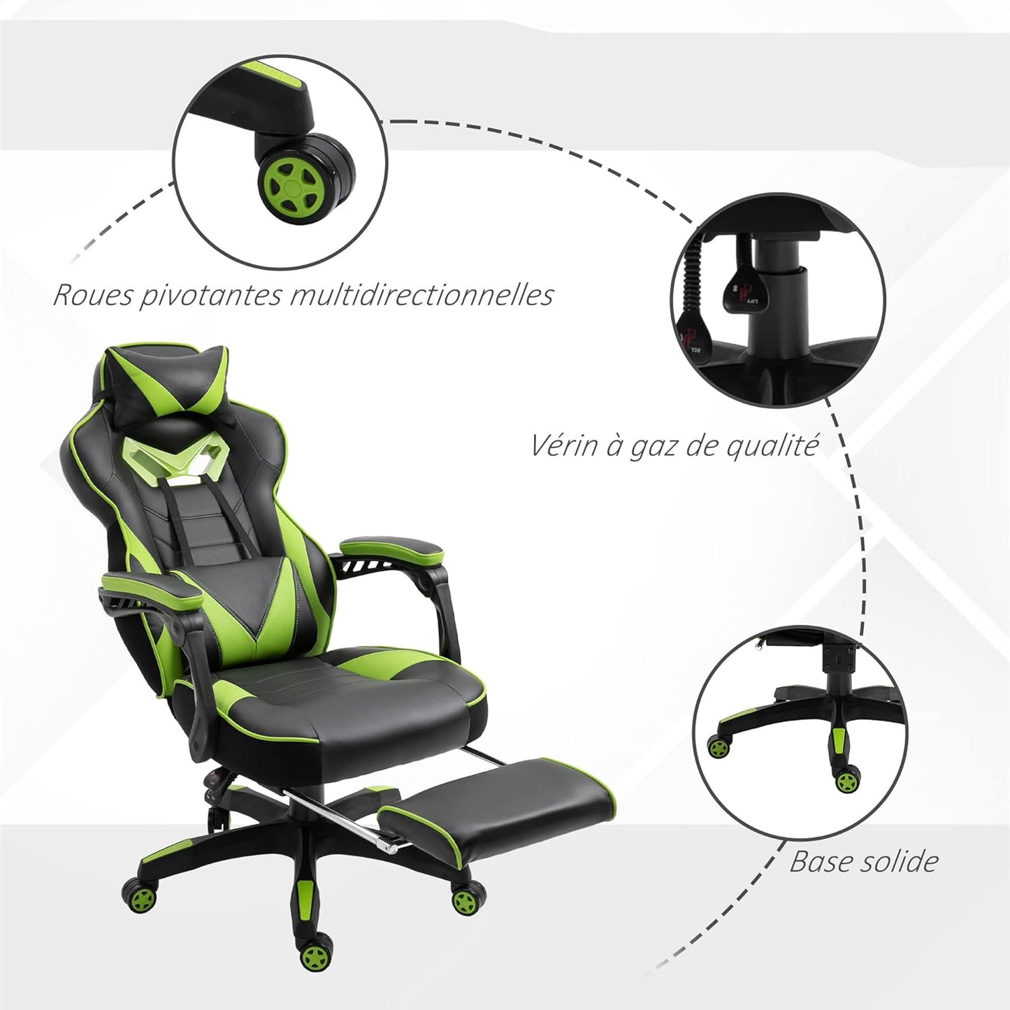 Vinsetto Ergonomic Gaming Chair, Comfortable Office Chair with Footrest, Headrest and Lumbar Cushion, Height Adjustable, Black and Green - QUORE