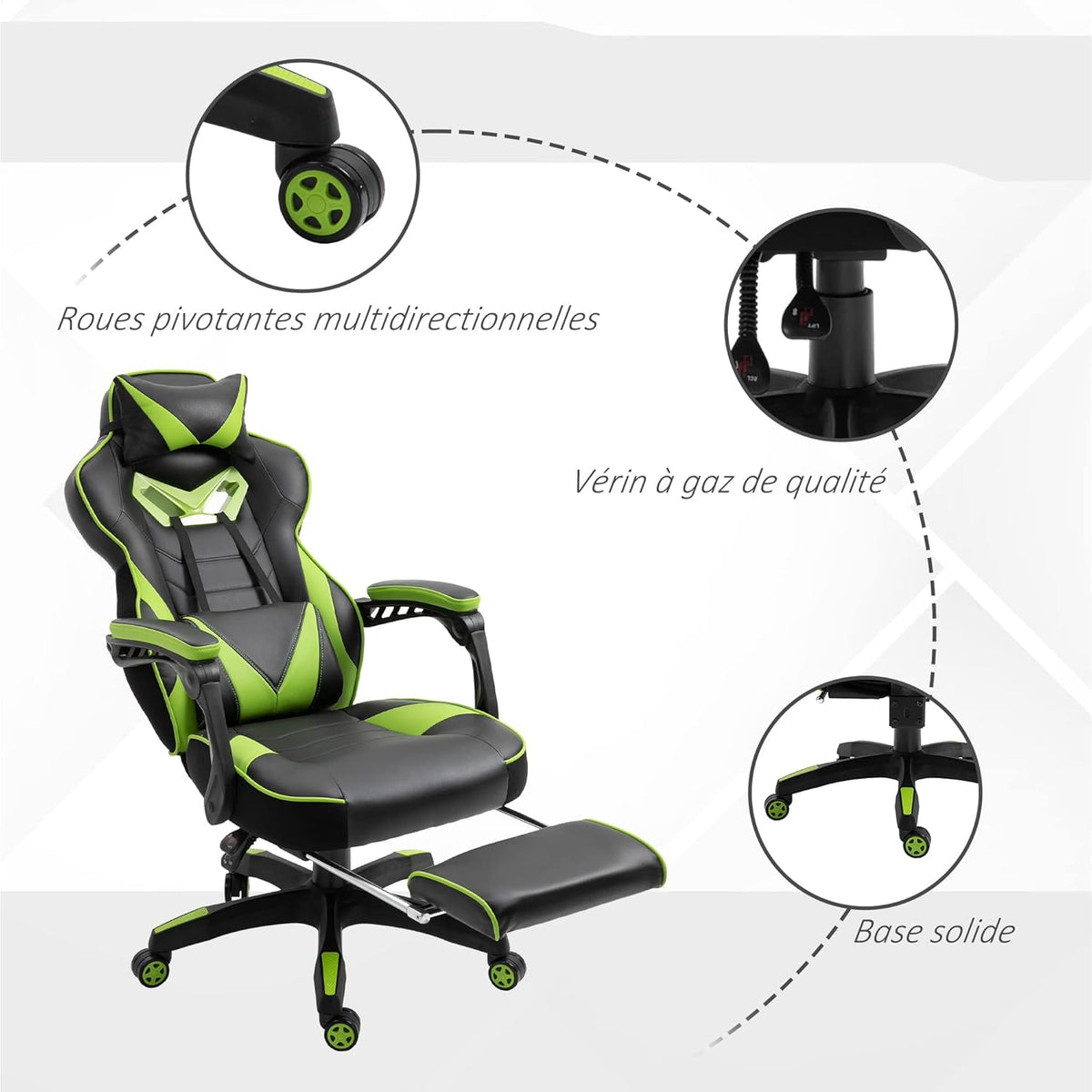 Vinsetto Ergonomic Gaming Chair, Comfortable Office Chair with Footrest, Headrest and Lumbar Cushion, Height Adjustable, Black and Green - QUORE
