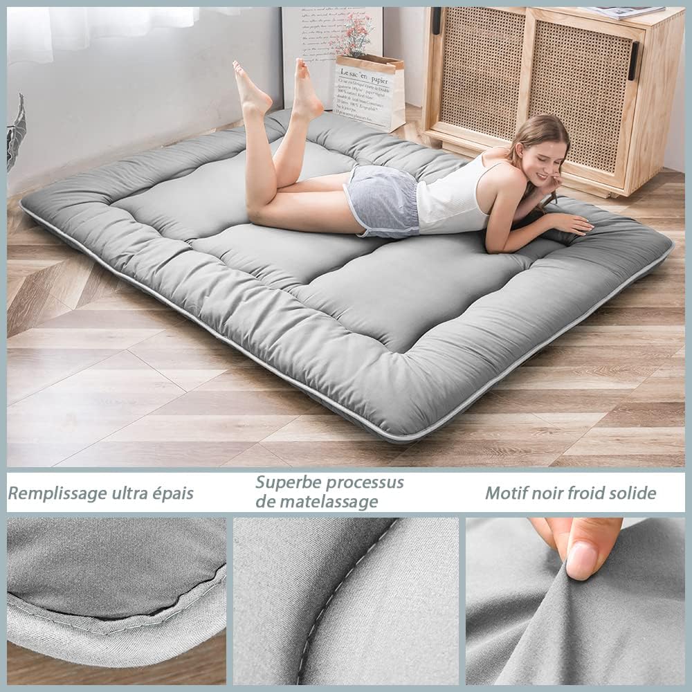MAXYOYO Japanse futonmatras voor op de vloer, dikker tatami-slaapkussen, opvouwbare oprolbare slaapzaal mat, mat, vloerligstoel, kussen bed (grijs, kingsize)