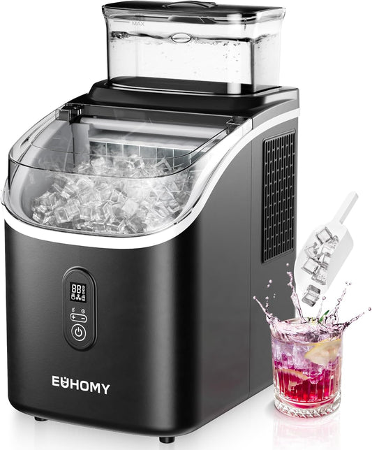 EUHOMY IJsblokjesmachine voor op het werkblad, 15 kg ijsmachine, ijsmachine, 2 liter ijsblokjesmachines, 16 ijsblokjes in 13 minuten, zelfreinigende ijsblokjesmaker voor thuis/keuken/kantoor, zwart
