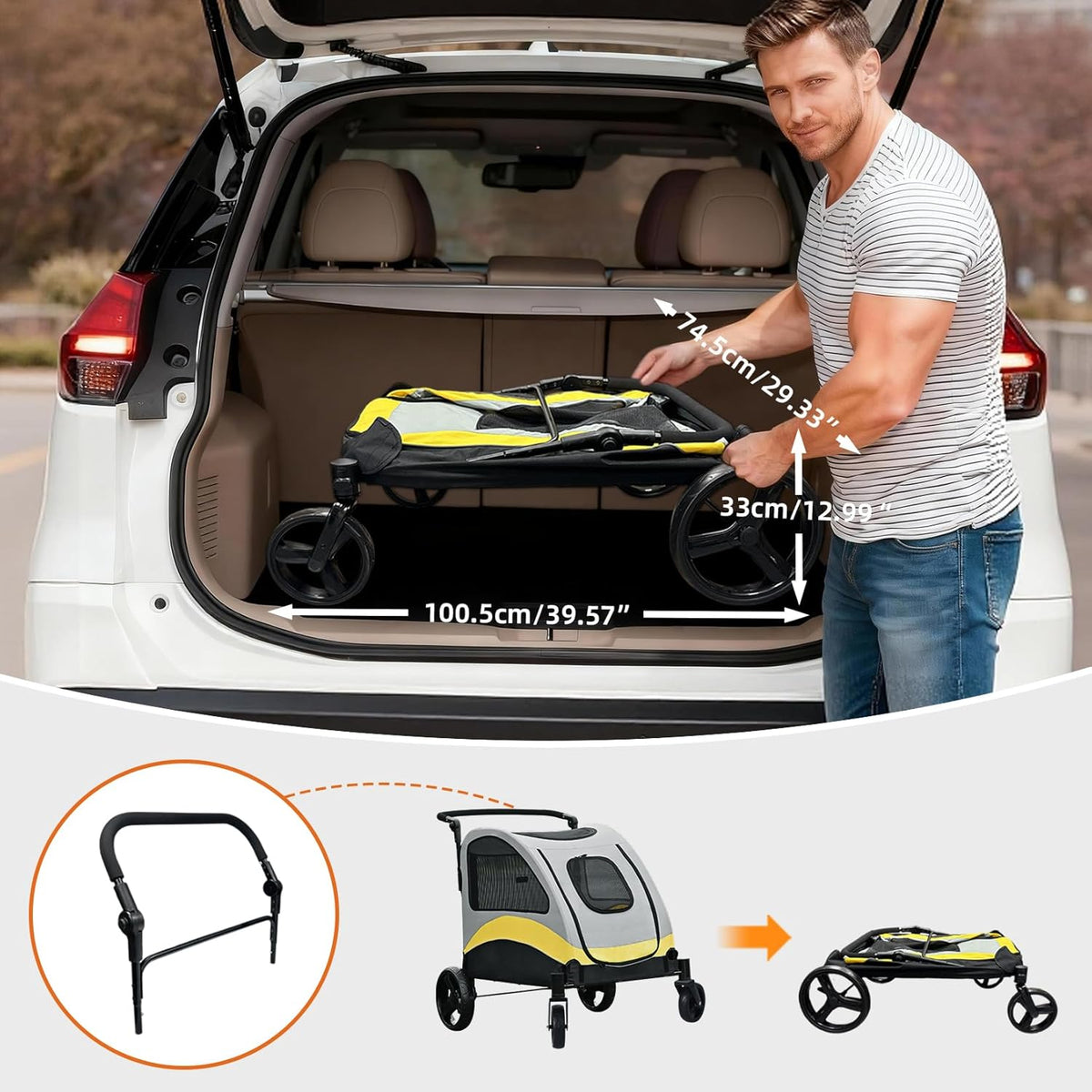 BingoPaw Heavy duty hondenwagen voor zware grote honden: opvouwbare hondenbuggy, tot 42 kg, hondenbuggy met 4 wielen, 3 netramen, verstelbare handgreep
