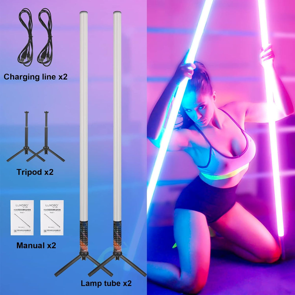 LED video lichtstaaf – LED videolamp, RGB videolamp, RGB fotolamp, camera licht – 2 Stuks, 120 Cm – Meer Dan 500 Lichtmodi – Ingebouwde Accu en Muzieksynchronisatie