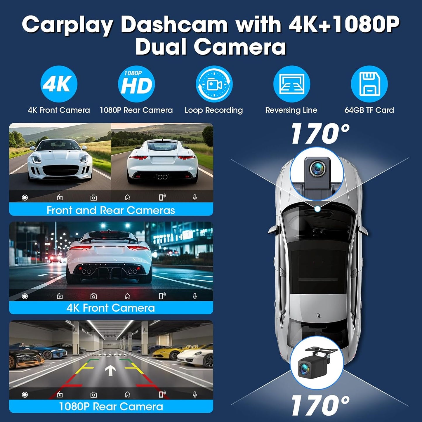 Carplay Display met 4K Dashcam 10,26 Inch Draadloos Carplay Android Auto Display met HD IPS Touchscreen Driveplay met Mirror Link Dual-Bluetooth Carplay met 1080P Achteruitrijcamera 64GB-Kaart