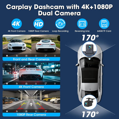 Carplay Display met 4K Dashcam 10,26 Inch Draadloos Carplay Android Auto Display met HD IPS Touchscreen Driveplay met Mirror Link Dual-Bluetooth Carplay met 1080P Achteruitrijcamera 64GB-Kaart