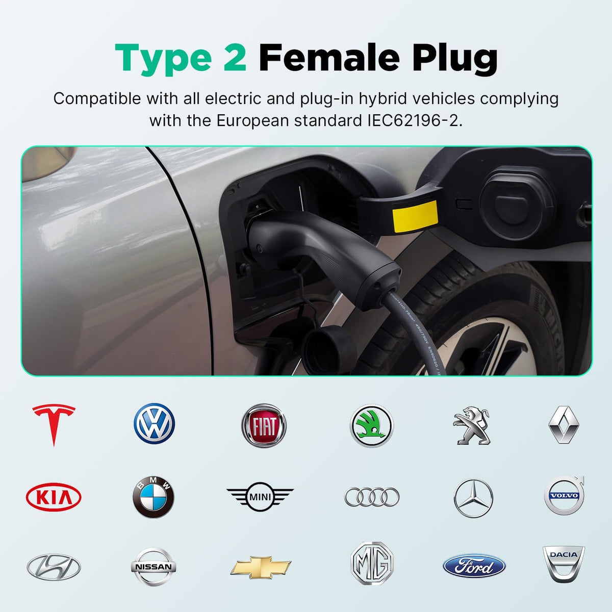 EV oplader met 7 kW type 2, 32 A eenfasig thuislaadstation Wallbox, 6 m oplaadkabel en type 2 stekker met lichtstrip voor EV PHEV, grijs