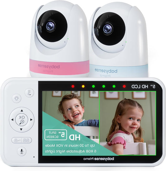 Babyfoon – Beeldbabyfoon – Videobabyfoon – Baby Monitor – Baby Camera – 5 Inch HD Scherm – 2 Camera’s Met Splitscreenfunctie – 6-Kleuren Nachtlampje