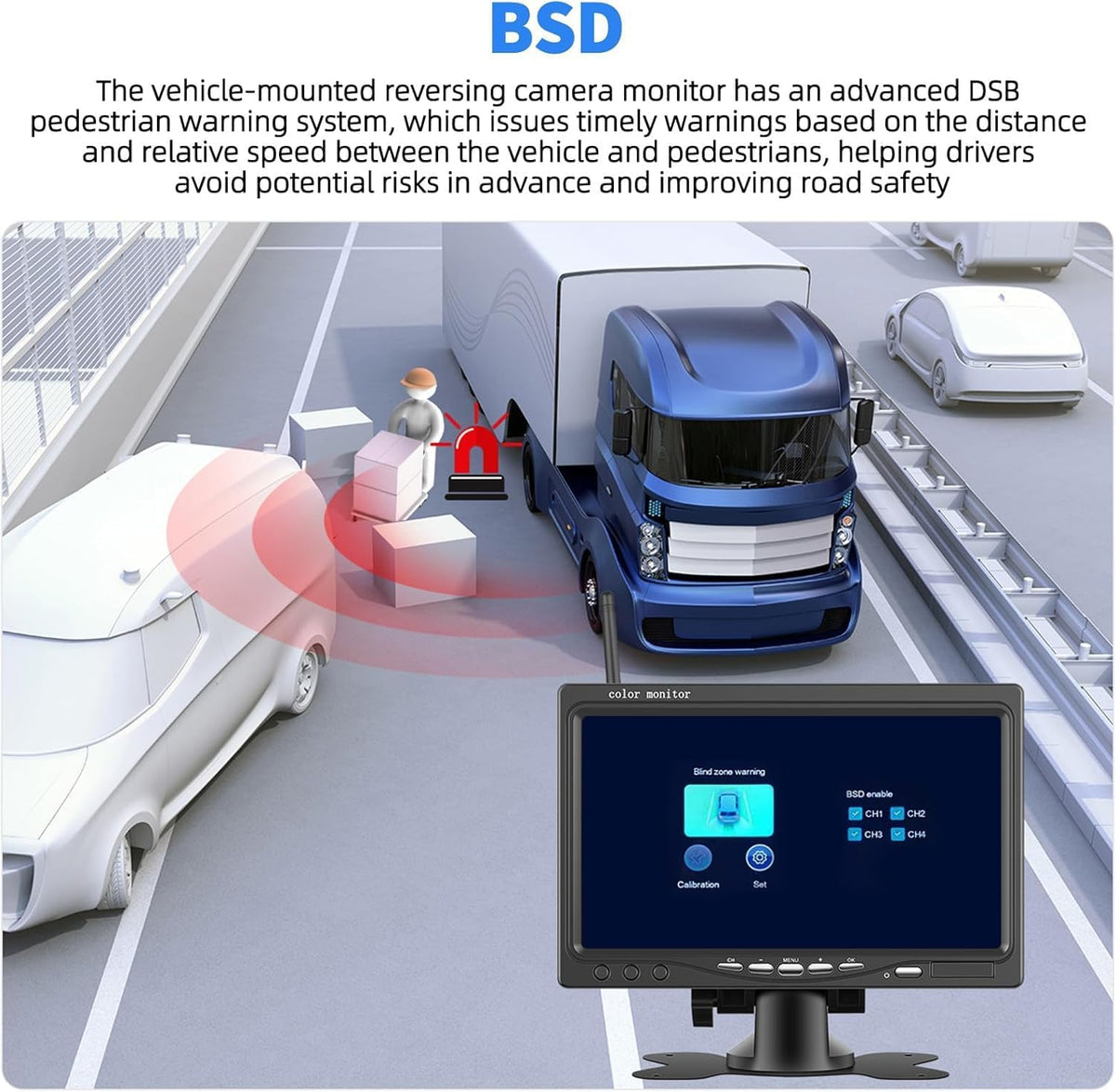 1080P Kabelloses Rückfahrkamerasystem für Wohnmobile, 7-Zoll-Rückfahrkameramonitor für 4 Kanäle mit wasserdichter IP69-Nachtsicht-Front-/Rückfahrkamera für LKW/Wohnmobil/Van/SUV/Pickup mit BSD