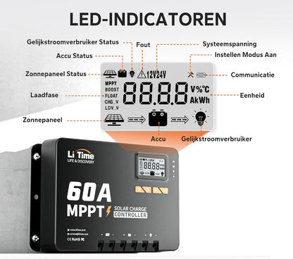 LiTime MPPT zonneregelaar, 60 A, 12 V/24 V/36 V/48 V, max. 3200 W, automatische DC-ingang met bluetooth-adapter, instelbaar lcd-display, led-indicatoren, voor lithiumbatterij