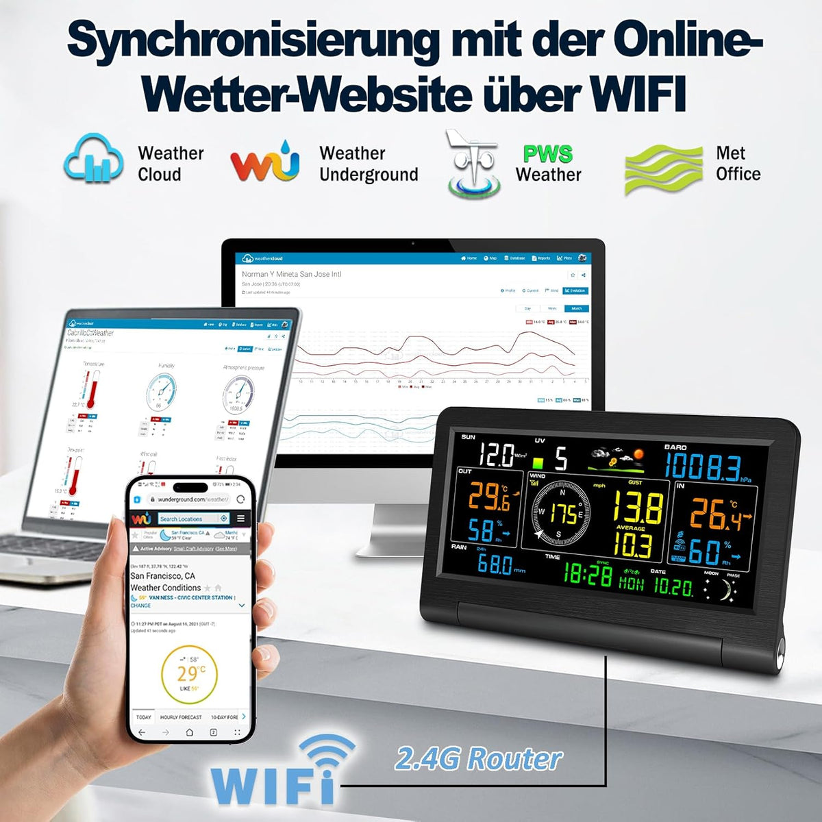 Urageuxy 14-in-1 weerstation wifi, weerstation met regenmeter, windmeter, binnen- en buitenthermometer, hygrometer, luchtdruk, uv-index, weersvoorspelling, maanfasen, voor huis en tuin