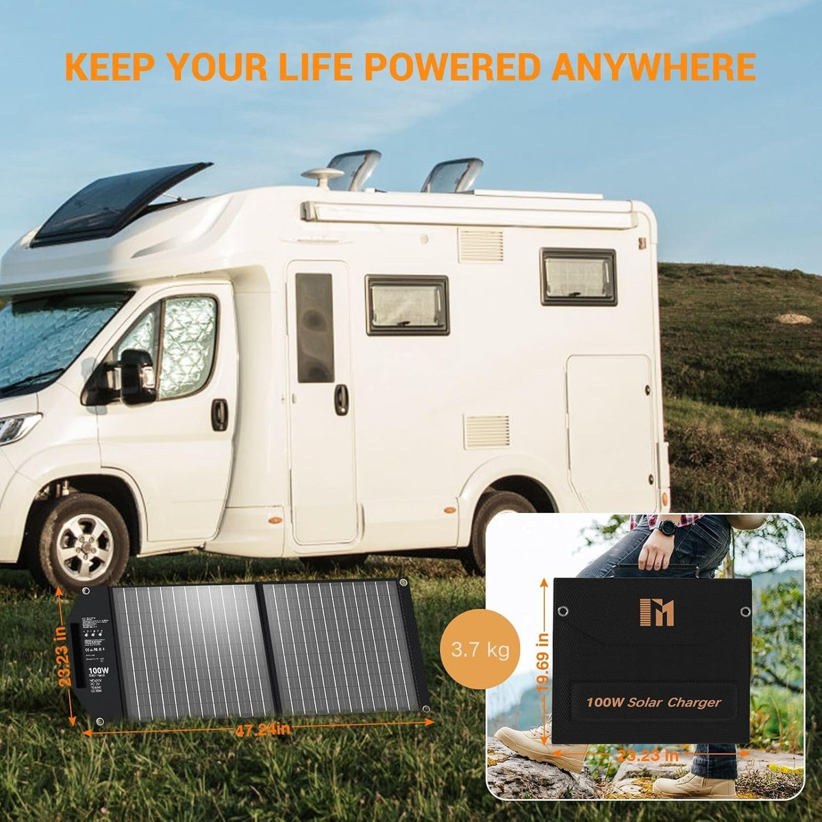 100 W draagbaar zonnepaneel met 5 poorten, 24 V MC4/DC/QC 3.0 USB-A & USB-C (PD 65W), camping zonnepaneel kit, opvouwbare zonnelader voor camping krachtcentrales off-grid