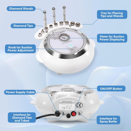 Microdermabrasie Apparaat – 3-In-1 Diamant Microdermabrasie – Diamantpeeling – Gezichtspeeling – Vacuüm Peeling – 9 Diamanttips, Zuigkracht 65-68 cmHg