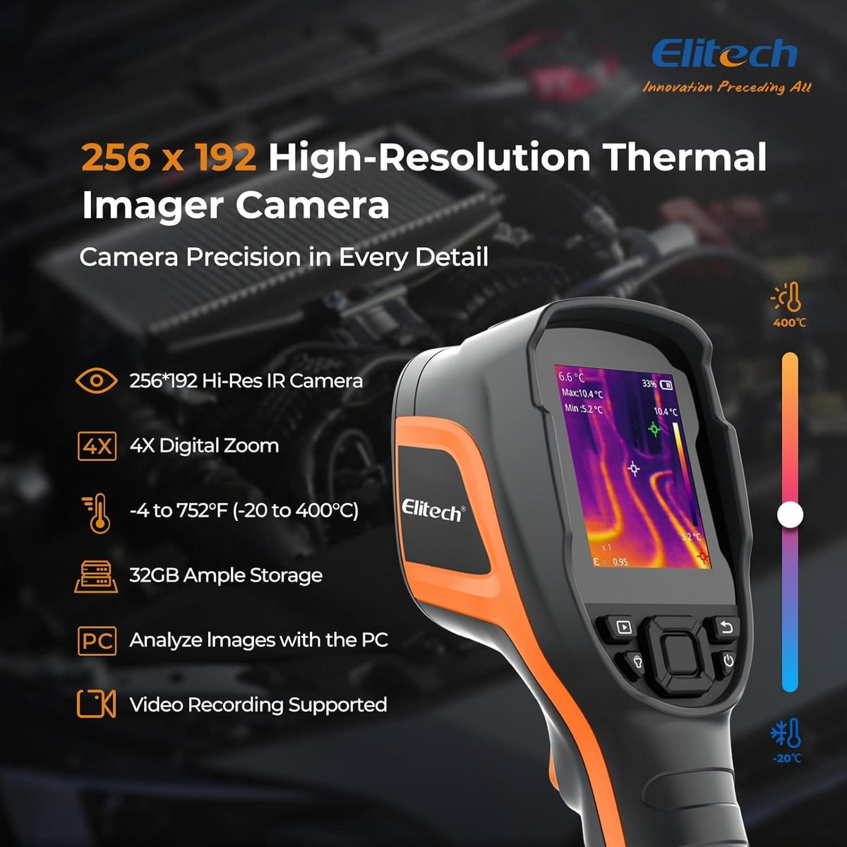 Elitech Warmtebeeldcamera 256 x 192 IR-resolutie, 25 Hz vernieuwingssnelheid, 2 MP zichtcamera, 3,5 inch LCD-display, IP54 water- en stofdicht, USB-C, -20 °C tot 550 °C, voor elektriciens, HVAC en