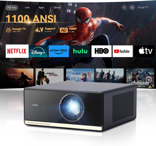 WANBO Beamer 4K HDR10, Google TV/Netflix Officiële/1100 ANSI, Autofocus Keystone, Stil 26 dB, Native 1080P FHD, 2.4/5G WiFi Bluetooth, Spraakbediening, X5 Pro Smart Projector for Home/Outdoor/Gaming