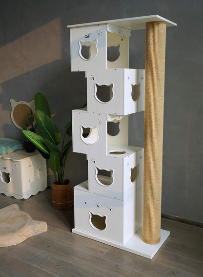 Krabpaal – Kattenkrabmeubel – Kattenklimtoren – Kattenboom – Kattenspeelmeubel – Wit Houtdesign – 200 cm Natuurlijk Sisal
