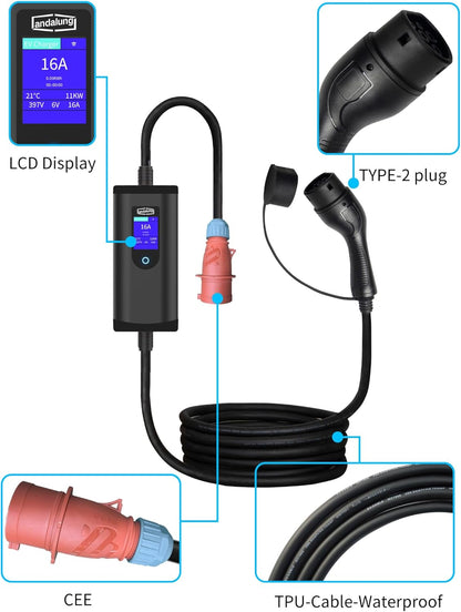 Draagbare EV-oplader, 11 kW, 3-fase, 6-16 A, met instelbare stroom, app-bediening, 7 m kap, IP65-bescherming, compatibel met alle PHEV/EV-voertuigen, wifi, bluetooth, rode CEE-stekker