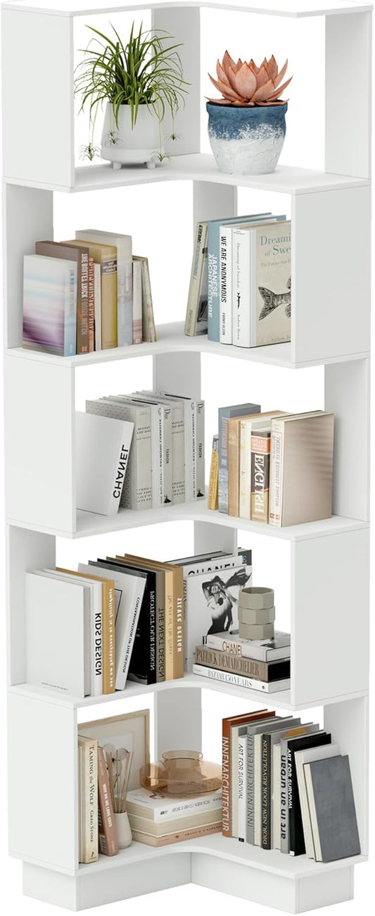 Boekenkast, 6 etages, hoekrek van hout, 175 cm groot, modern hoekrek, staand rek, woonkamer, S-vormige boekenkast voor werkkamer, slaapkamer, kantoor (wit)