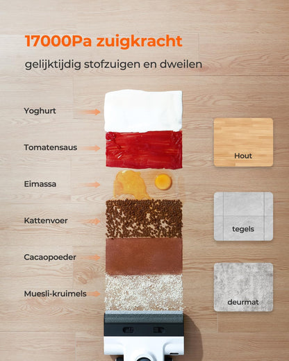 Nat-droogzuiger – Stofzuiger – Schoonmaakapparaat – Vloerreiniger – Multifunctionele Zuiger – Intelligente Vlekherkenning – 17.000 Pa Zuigkracht & 180° Ligdesign